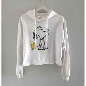 Peanuts Snoopy Woodstock Graphic Cropped Hoodie White Raw Hem Sweatshirt Med